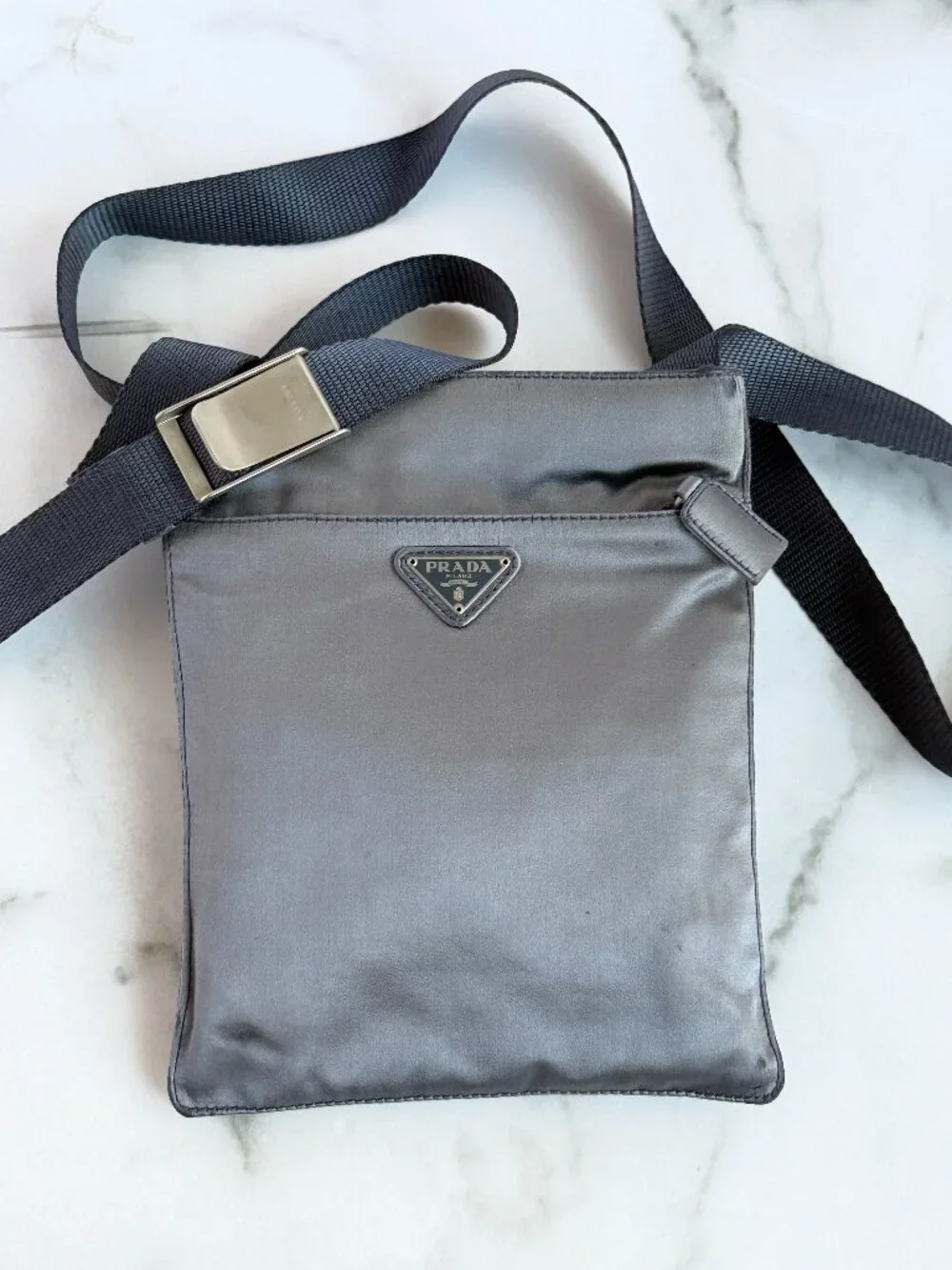 Prada Crossbody Messenger Shoulder Bag Milano Gray Satin Nylon AUTHENTIC